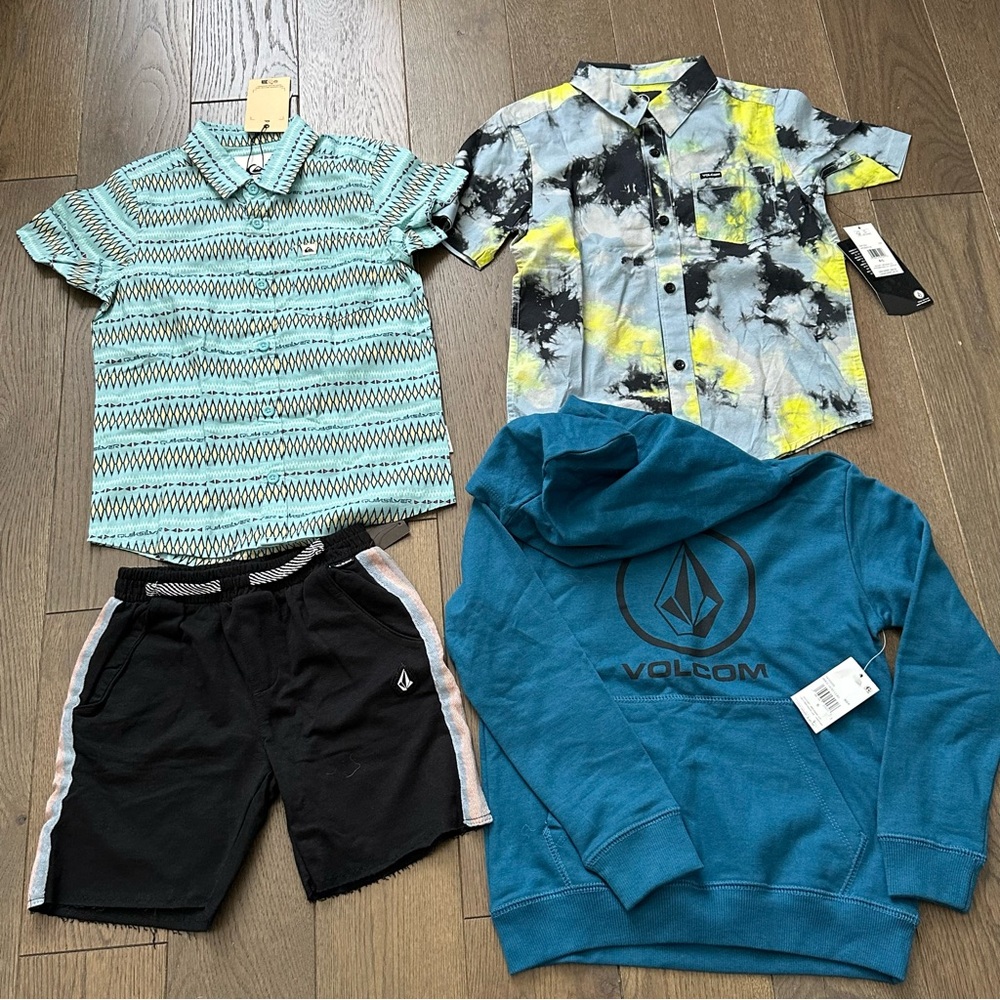 NWT Volcom Kids Blue and Yellow Button Down Shirts, Black Shorts & Blue Hoodie